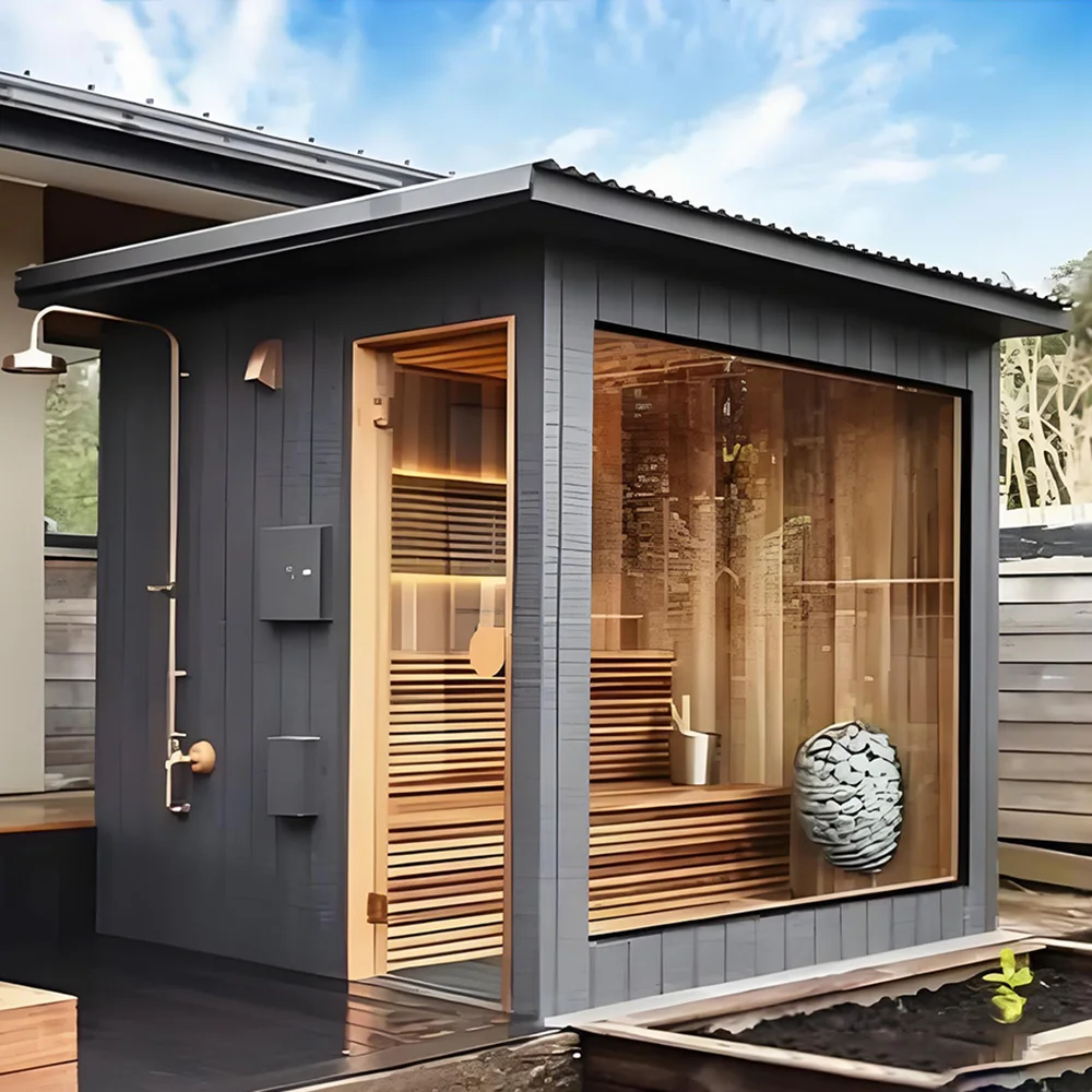 Wood Sauna Square Room Outdoor Traditional Steam Sauna For 4 People Garden Custom Hot Panoramic Solid Wood Sauna