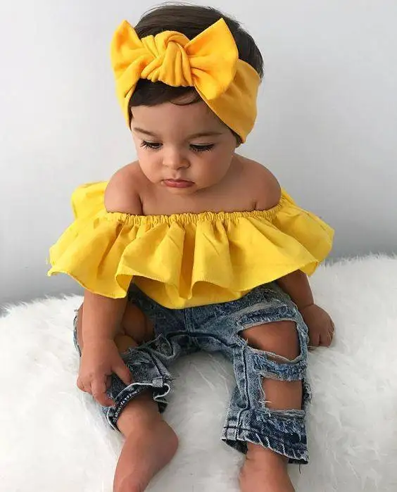 Детская одежда Sunny Baby для девочек в европейском и американском стиле, джинсовый топ-труба + рваный Джинсовый комплект из 3 предметов