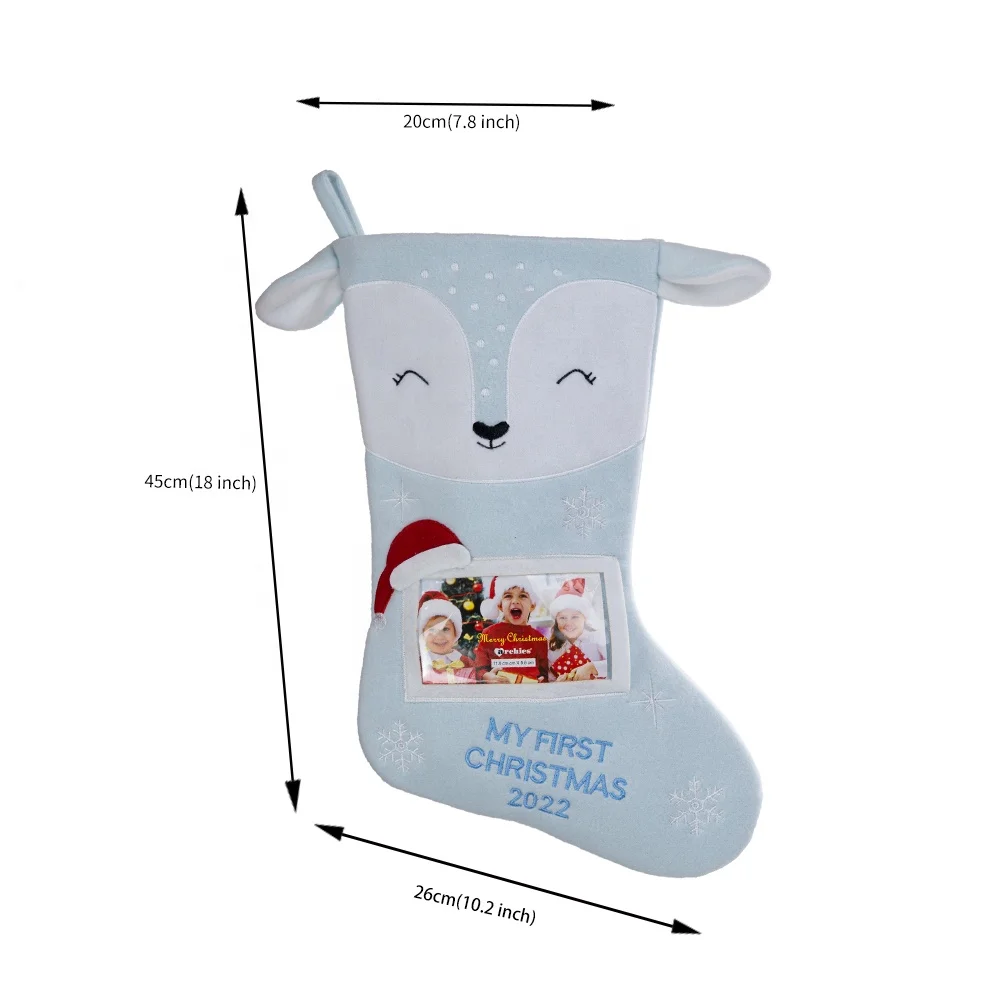 Home Decoration Grey Blue Pink Fox Embroidered Snowflake Christmas Stocking with Hanging Hook