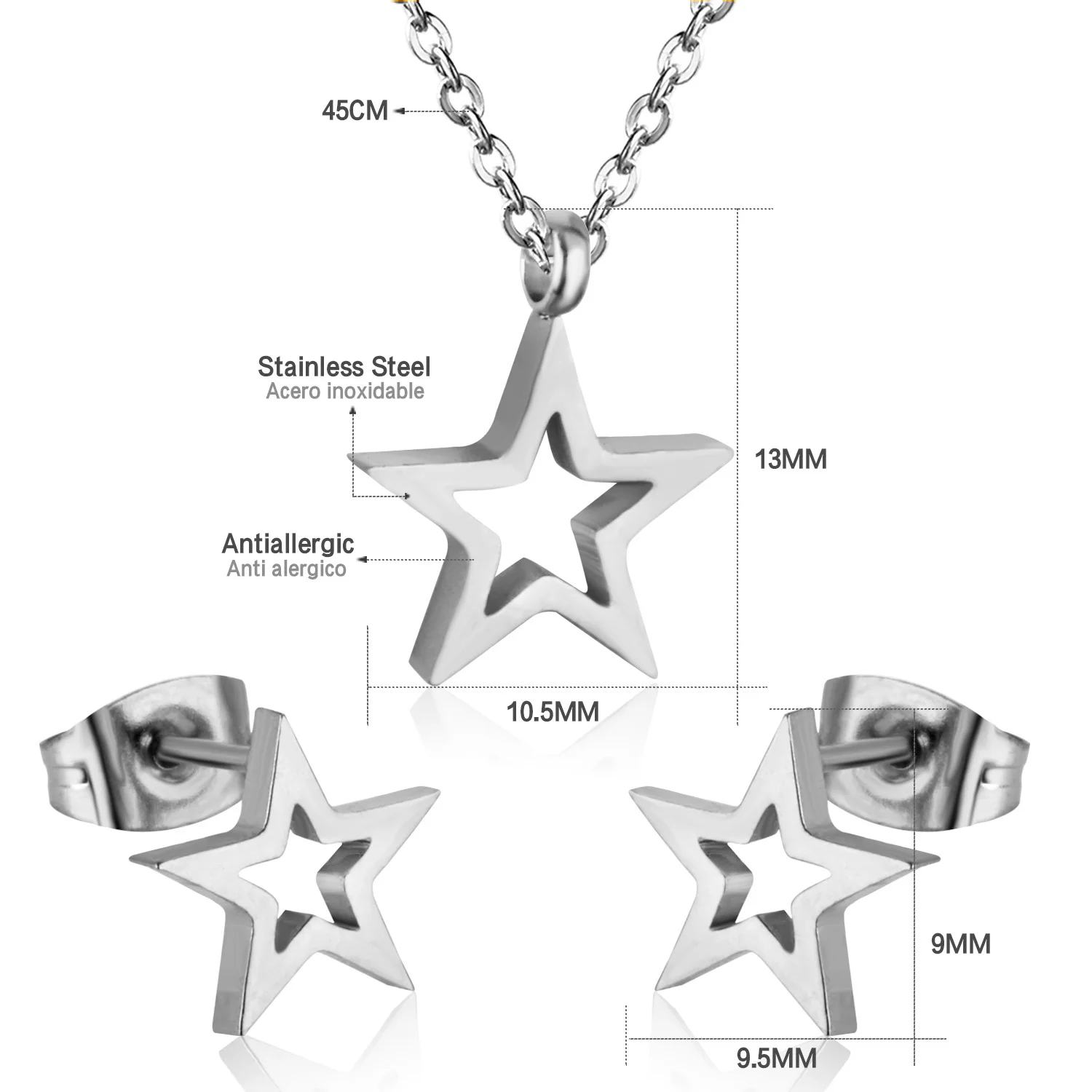 Star Shape Pendant Necklace and Earrings for Women Stainless Jewelry Sets