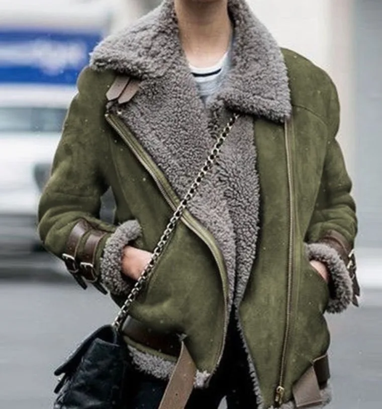 Motorcycle deerskin lamb wool coat lapel coat for women