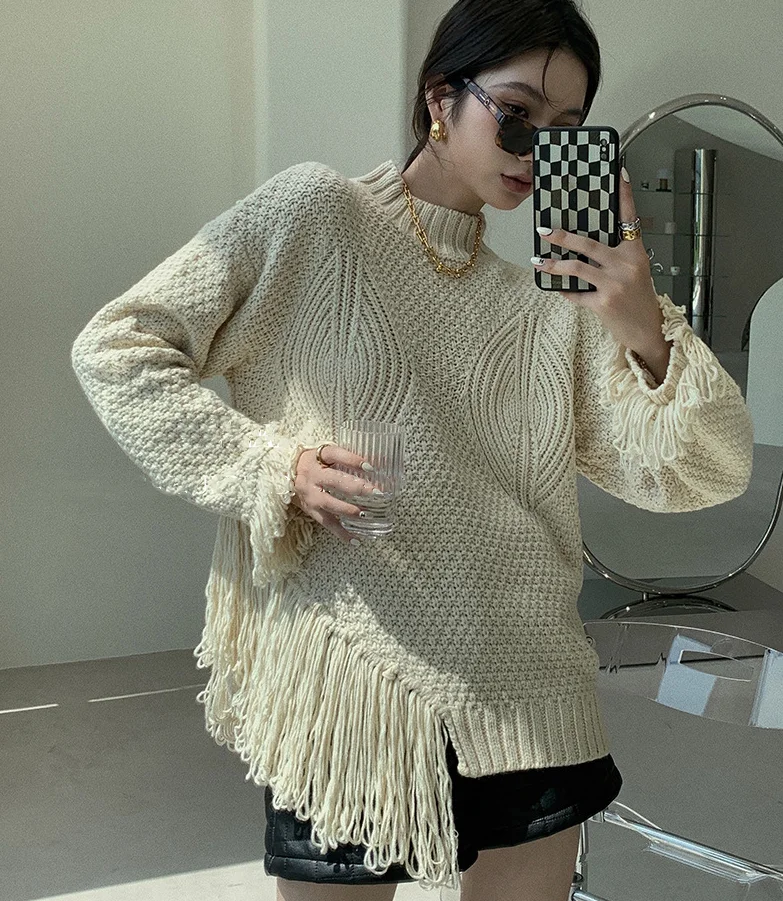 2021 Wholesale Ladies Fringed Shawl Elegant Twist crew neck Knitting Sweater Solid Color Long Sleeve Poncho Style Sweaters