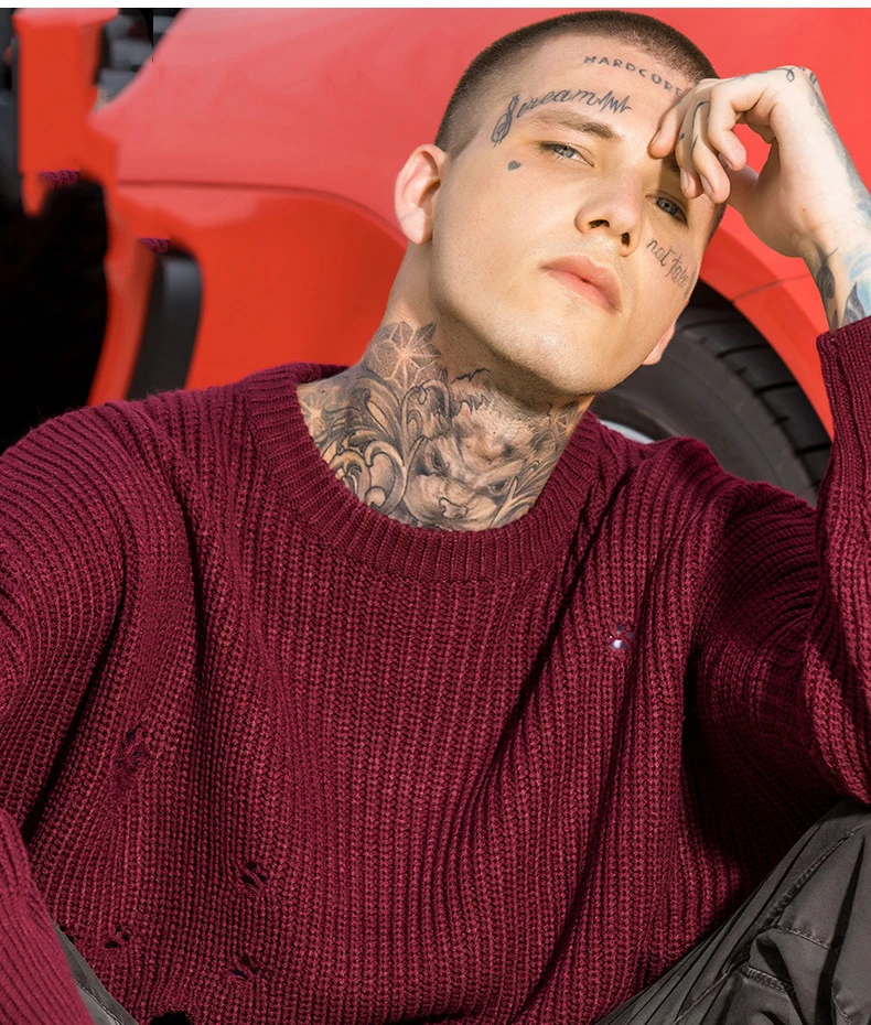  Трикотажный свободный свитер в стиле хип-хоп для мужчин пара большой размер рваный пуловер новейший дизайн свитера