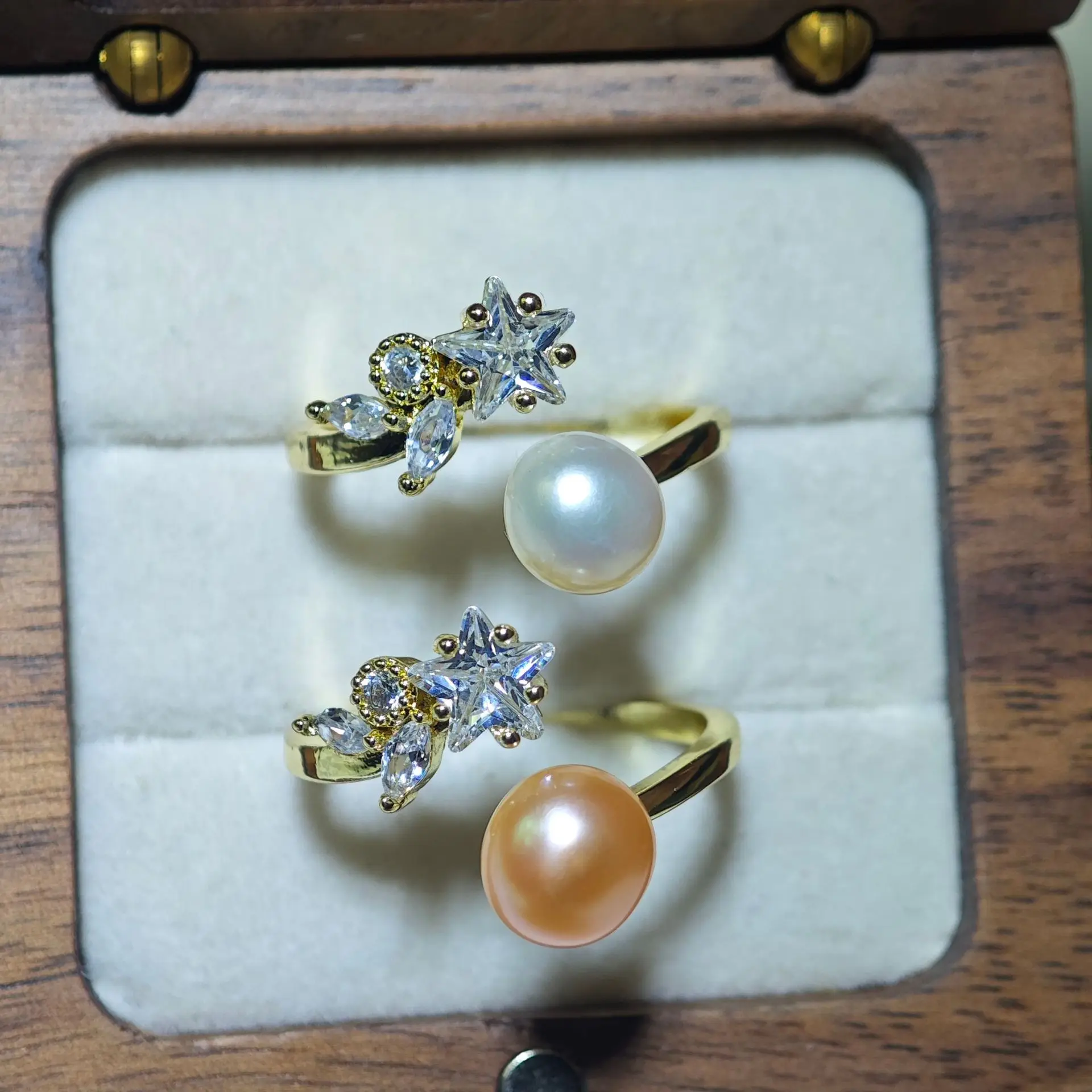 Elegant Design Crystal Star Freshwater Pearl Rings Hollow Lace Flower Real Pearl Ring For Women