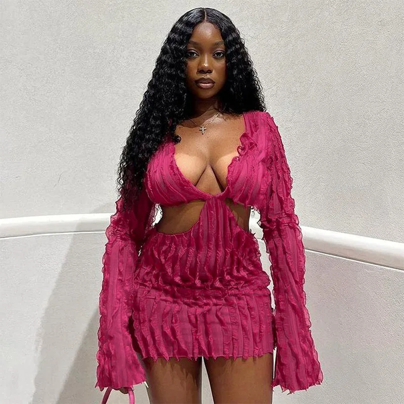 Autumn New Fashion Mesh Wave Pattern Sexy Wrap Hip Dress