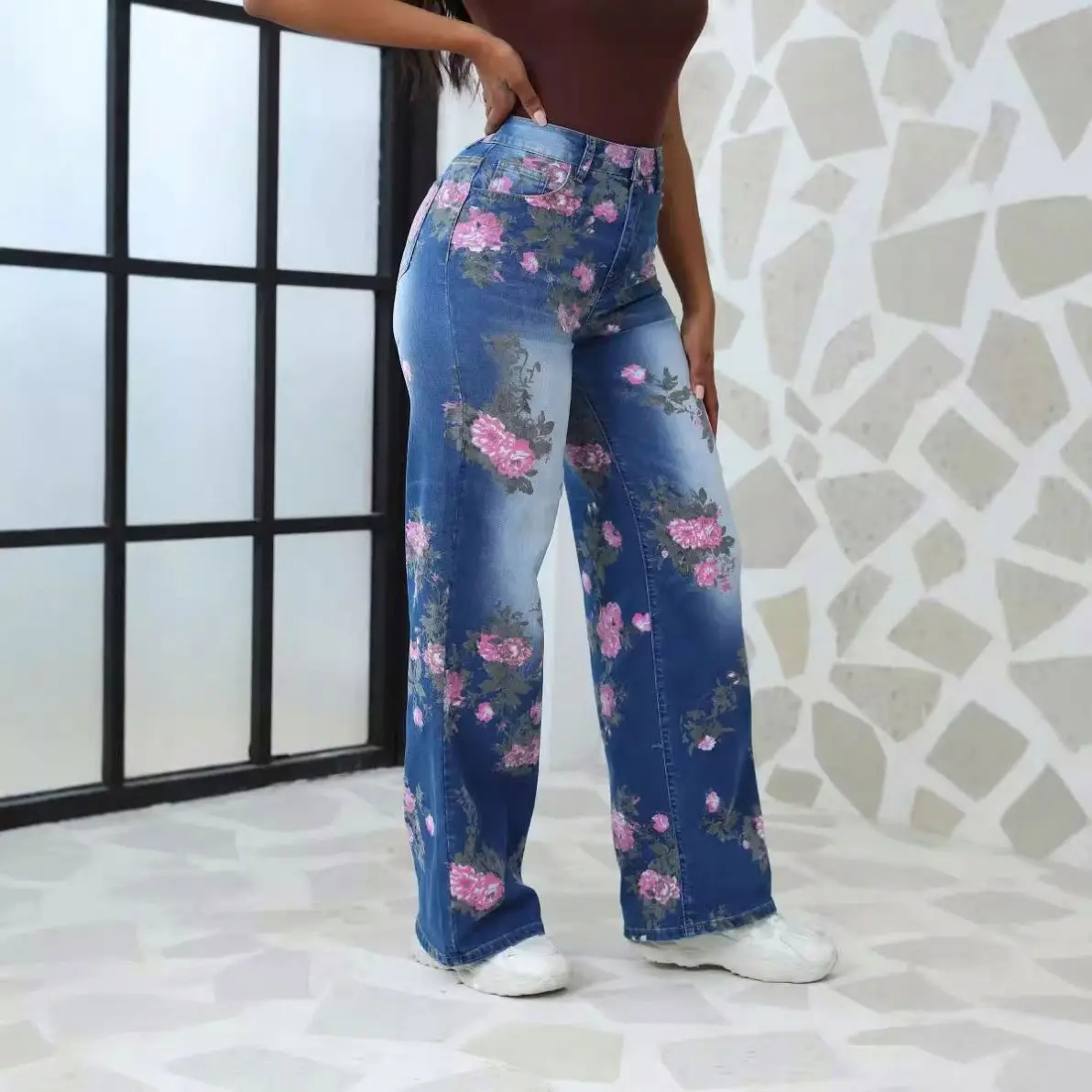 2024 HO Trendy Printed Plus Size Wide Leg Pants Jeans