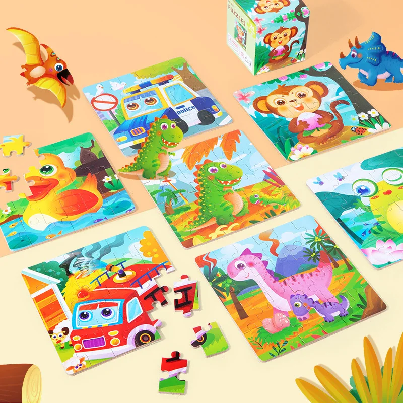 24 Pieces Small 3D Wooden Puzzles in Portable Gift Box Early Educational Kids Toy Cognitive Animals Traffic Dinosaurs Puzzles