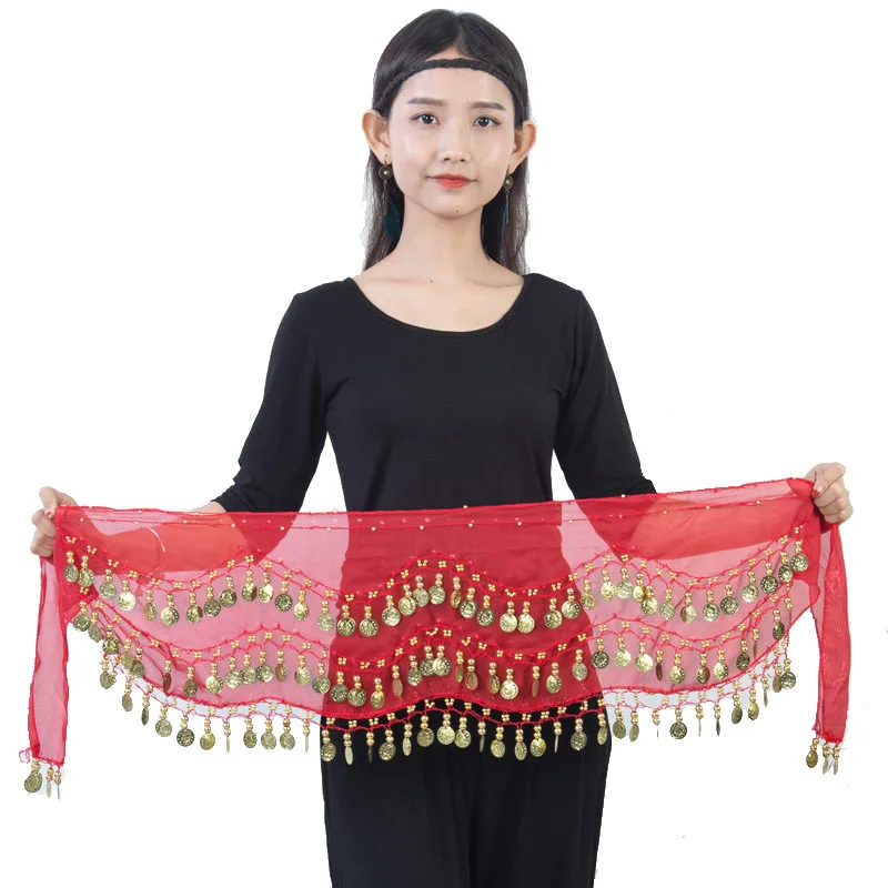 Belly dance waist chain Chiffon triple gold belt Indian dance practice Performance hip scarf scarf Clothing and accessories