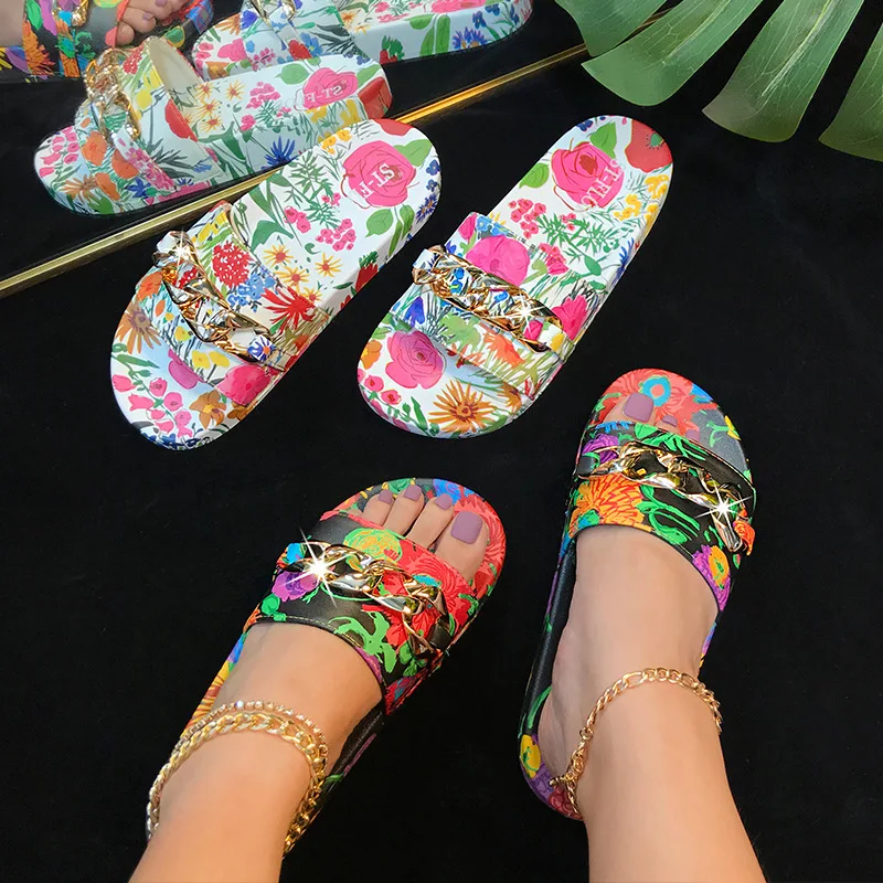 Amazing Comfortable Slippers!! Colorful Flower Patterns Summer Women Slides Chain Soft Floral Design Women Flat Slippers