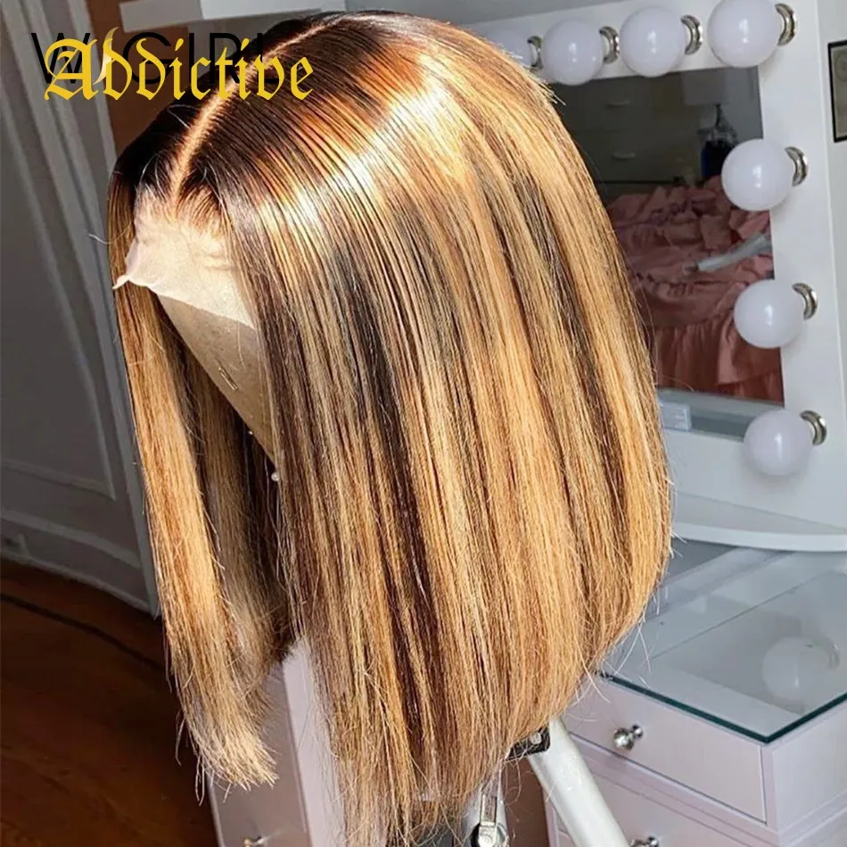 Addictive highlight 1b honey brown color straight bob human hair lace front wigs hd brazilian full lace human hair wigs