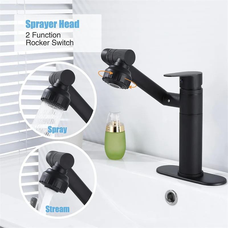 1 or 3 Hole Matte Black Lavatory Faucet 360 Degree Swivel Sink Faucet for Bathroom Single Handle Bathroom Basin Faucet