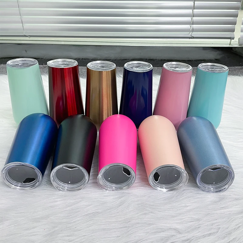 Colorful 6oz Wine Tumblers Double Wall Stainless Steel Wine Cups With Lids Insulated Vacuum Egg Pink Wine Glasses