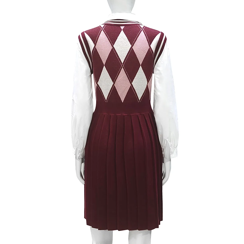 Flatting Knitting Custom Plus Size Korean Style Junior V-Neck Argyle Knit Sweater School Uniform Jumper Dress