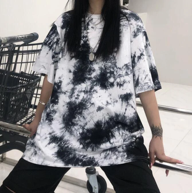 Summer 2023 Heart Loose Large Harajuku Style Gradient Color Tie Dye Print Student Short Sleeve T-shirt