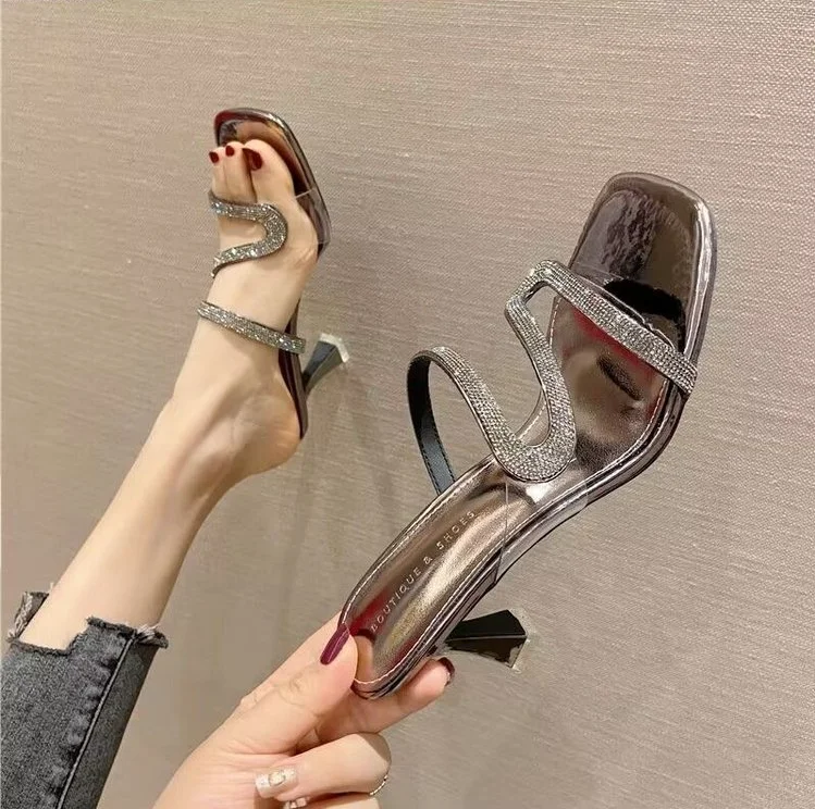 Large Summer New Square Headed High Heels B009 Water Diamond Fish Mouth Slim Heel Sandals