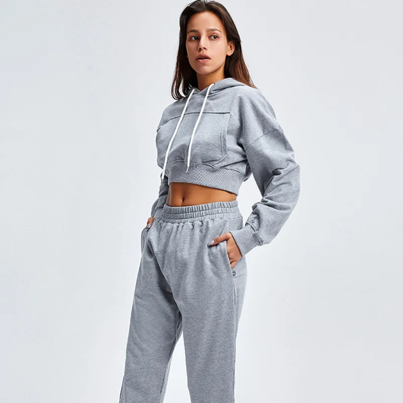  New Styles Casual Women Comfortable Sport Sets with Hoodies Workout Sweatshirt Crop Top