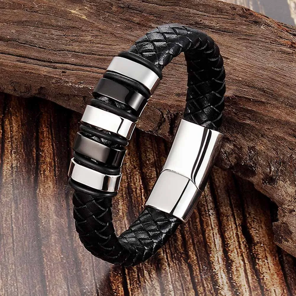 Personalized Genuine Leather Bracelet Stainless Steel Magnetic Clasp Leather Bracelet With Custom Logo Wholesale