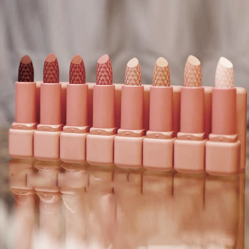 popular hot sale 8 colors rubber tube high pigment carved cute pink waterproof long lasting Korea makeup nude lipstick