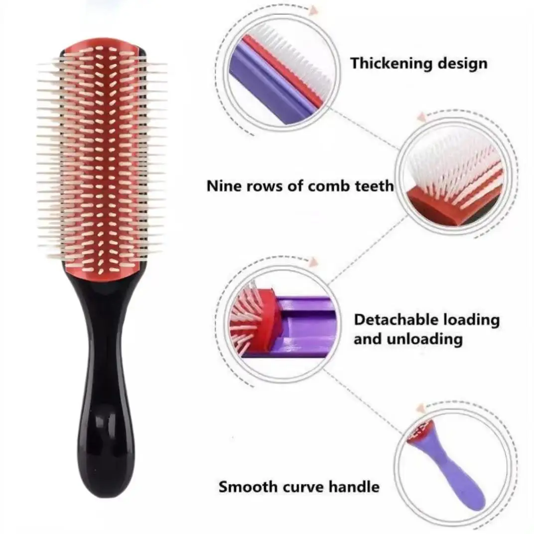 Biumart Custom Logo Professional Plastic Nylon 9 Row Bristle Detangling Hair Brush Private Label Denman Women Curly Hair Comb