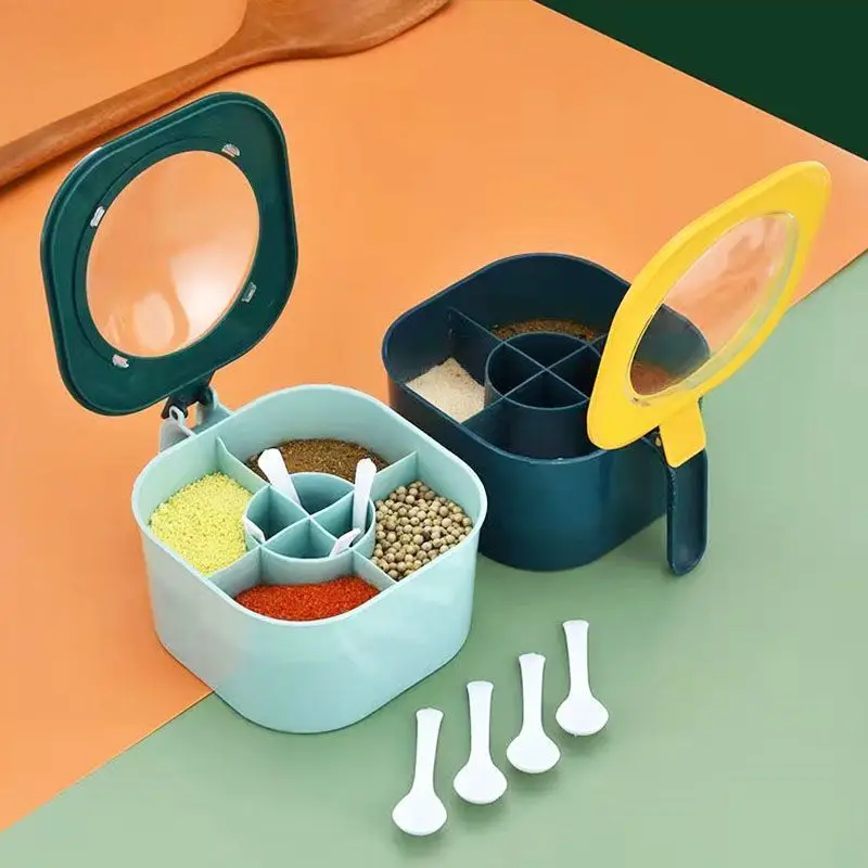 Multi-Use Plastic Spice Jar with Spoon Salt Pepper Jars Pots Seasoning Combination for Kitchen Household Goods for Food Storage