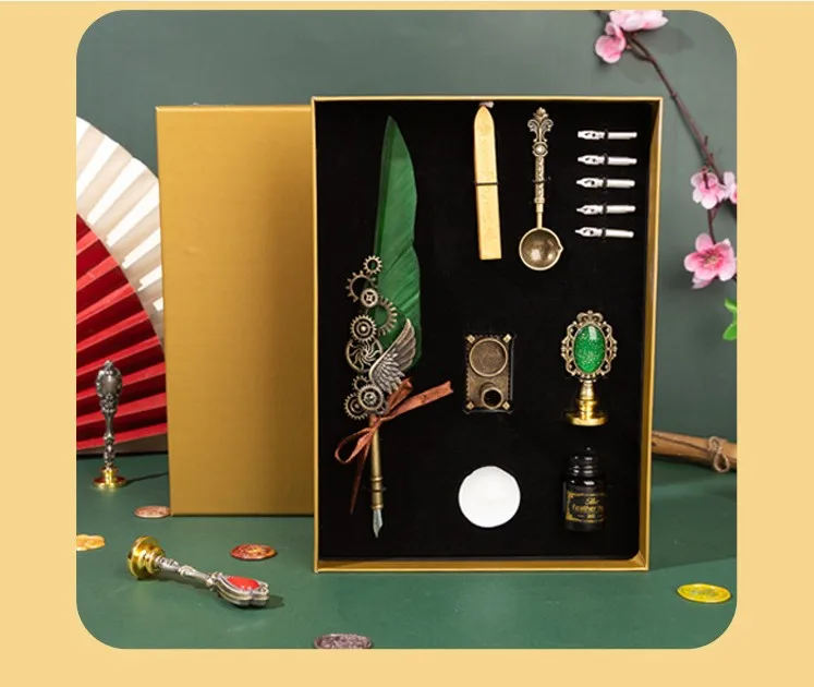 European retro wing set goose feather quill set sprinkled gold multi-purpose dip pen pen set handy gift