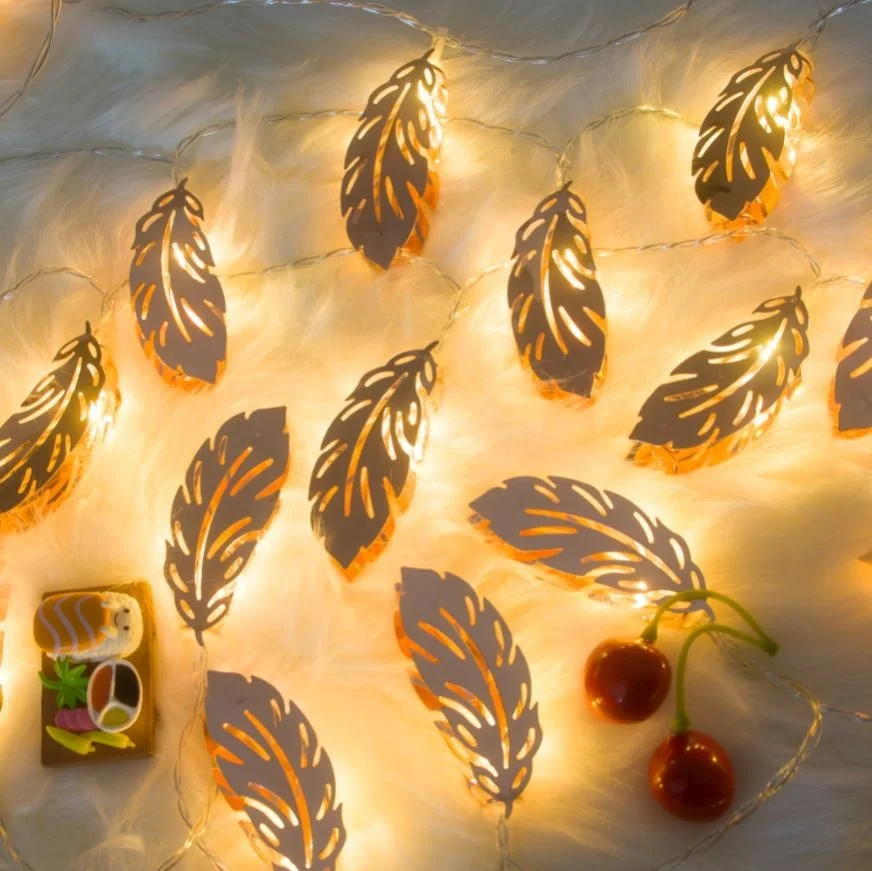 Shingel 3m Golden Metal Battery Operated Christmas Garden Wedding Lights Outdoor Led Feather String Light For Holiday Decoration