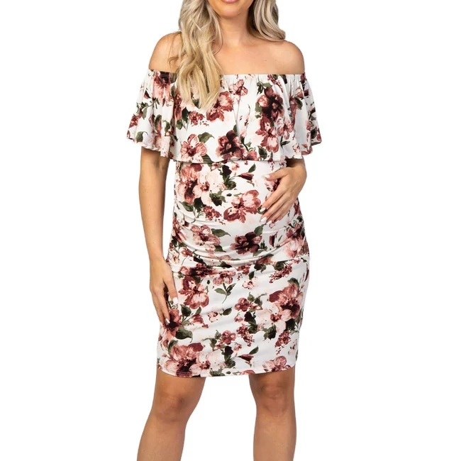 2022 wholesale new ivory Floral Ruffle Off Shoulder Fitted Maternity mini Dress maternity photo shoot dress