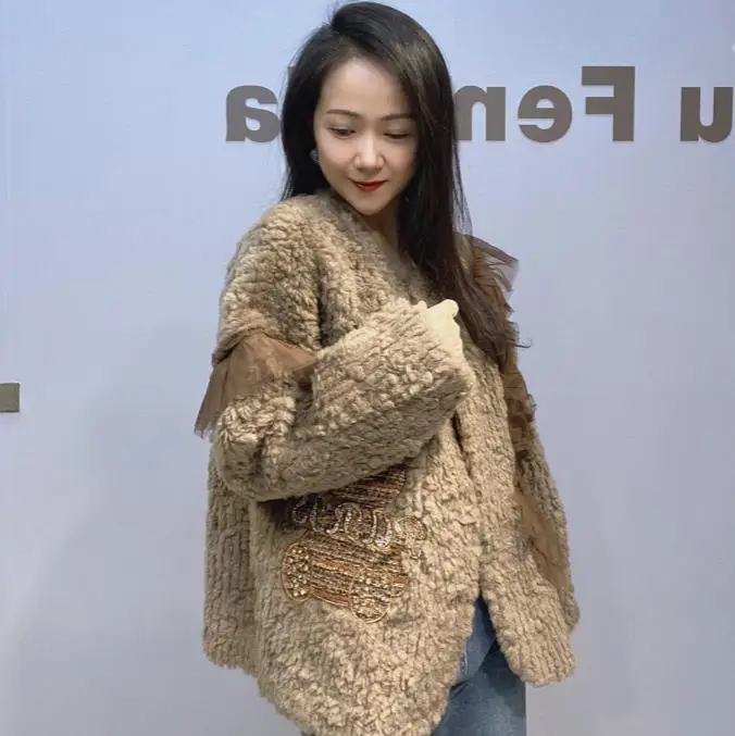 Lace Splicing Imitation Mink Fur Jacket for Women Crew Neck Fluffy Coat Female Winter New Loose Fur Integrated Jacket