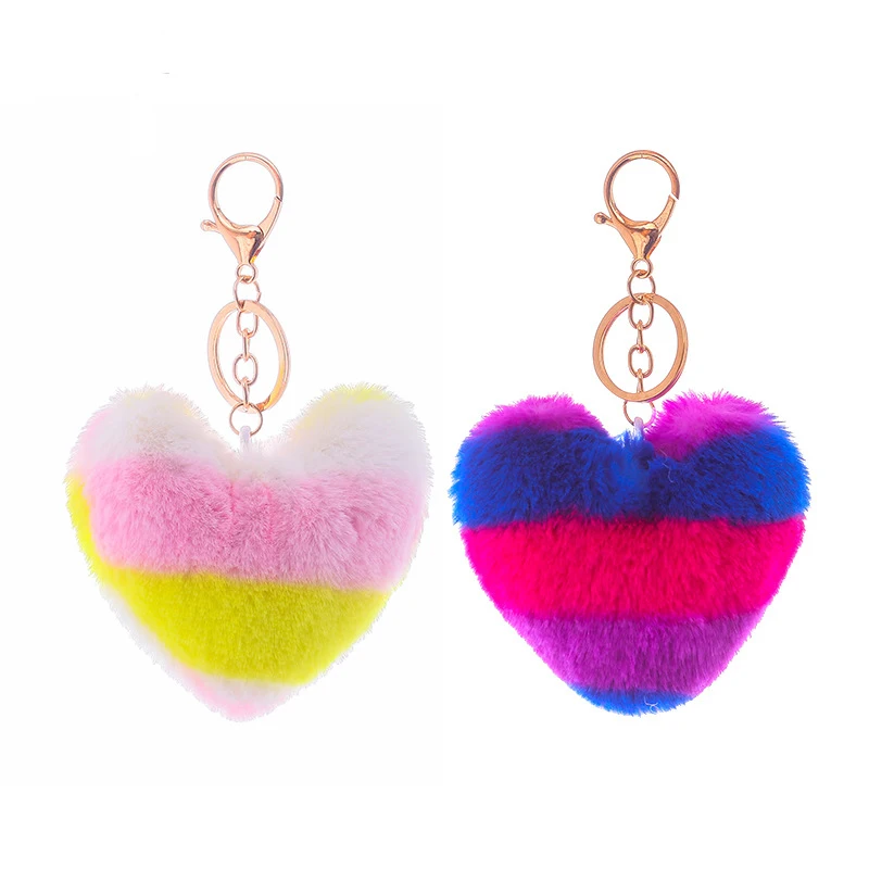 Rainbow Heart Shape Pompom Heart Shape Keychain Fur Pom Pom for Bag Keyring
