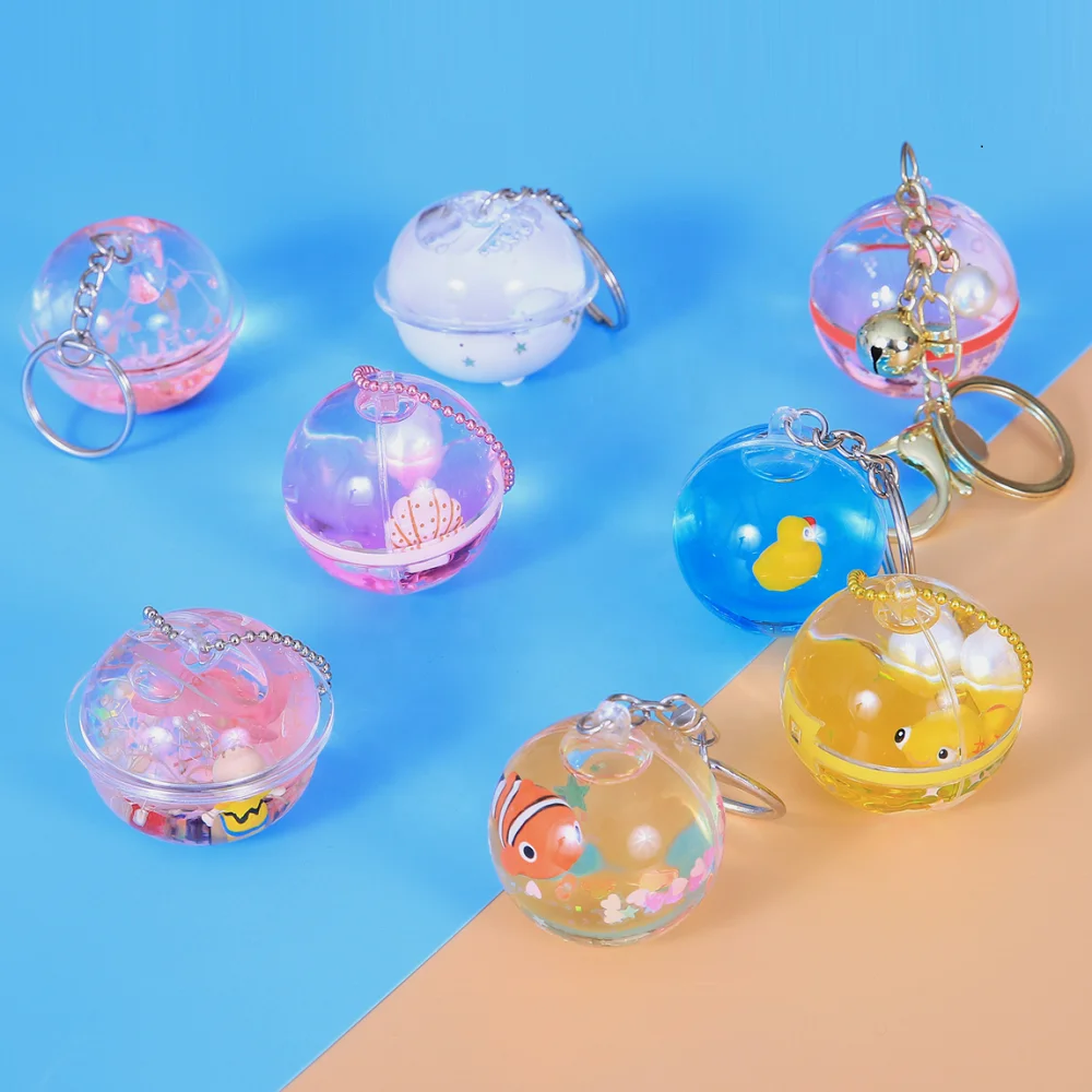 Ball Shape Liquid Keyring Cute Floaty Keychains Water Filled Keyring with Custom Swimming 3D Animals Floater