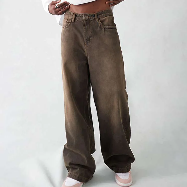 Wholesale Custom High Quality Wash Brown Loose Wide Leg Plus Size Baggy Jeans Pants For Men