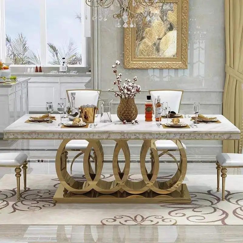 Luxury dining room furniture golden dinning table and chair set with 4/6 chairs full dining table set marble top dining table