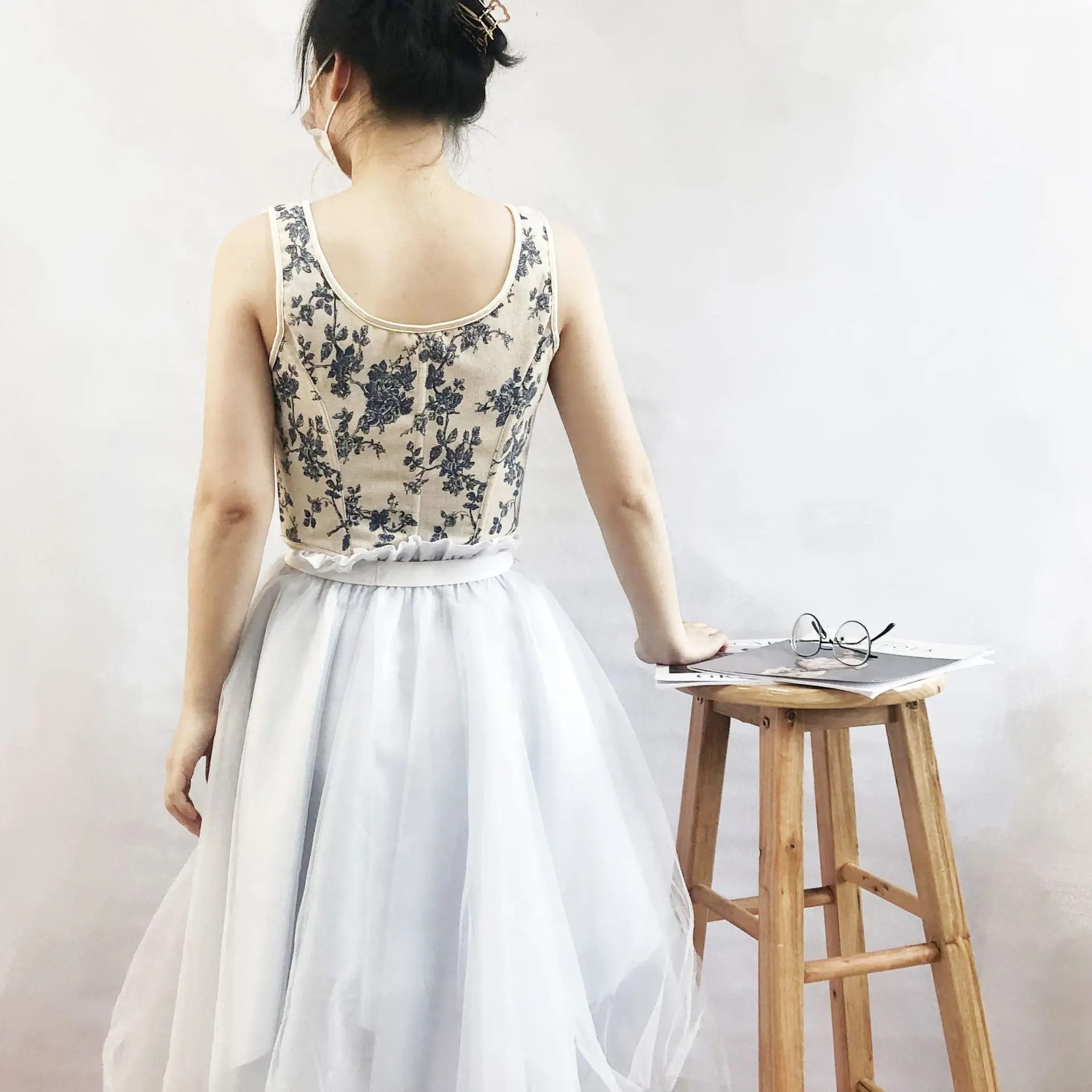 Women Elegant Designer French Vintage Print Bustier Tops Chic Bandage Floral Corset Sexy Style Party Club Ladies Top