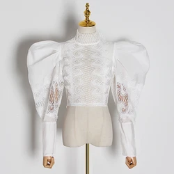 CHICEVER Puff Sleeve Tops Hollow Out Women Shirt Turtleneck Lace Up Crop Top 2020 Fashion Blouse