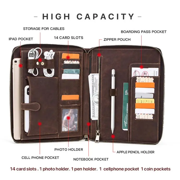 Portfolio with Metal Closure Organizer Genuine Leather Personalized Portfolio for Men & Women