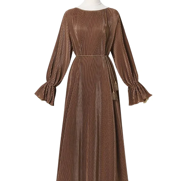 New Modest Satin Dress Vintage Style with belt flare Sleeve strips material Muslim Malaysia Indonesia Middle East cabaya