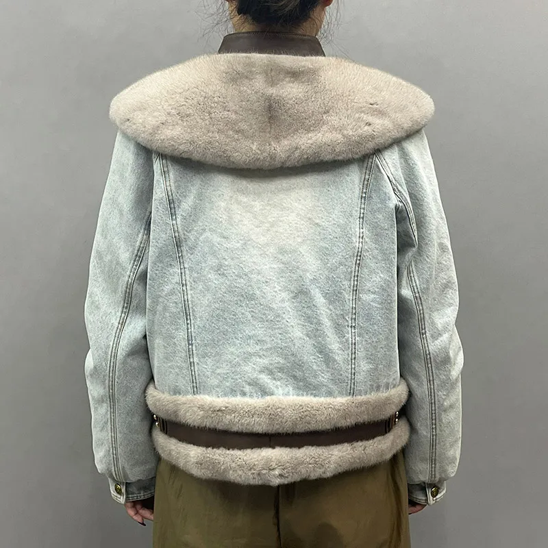 Jancoco New Style Cropped Duck Down Coat Women Really Mink Fur Collar Jacket