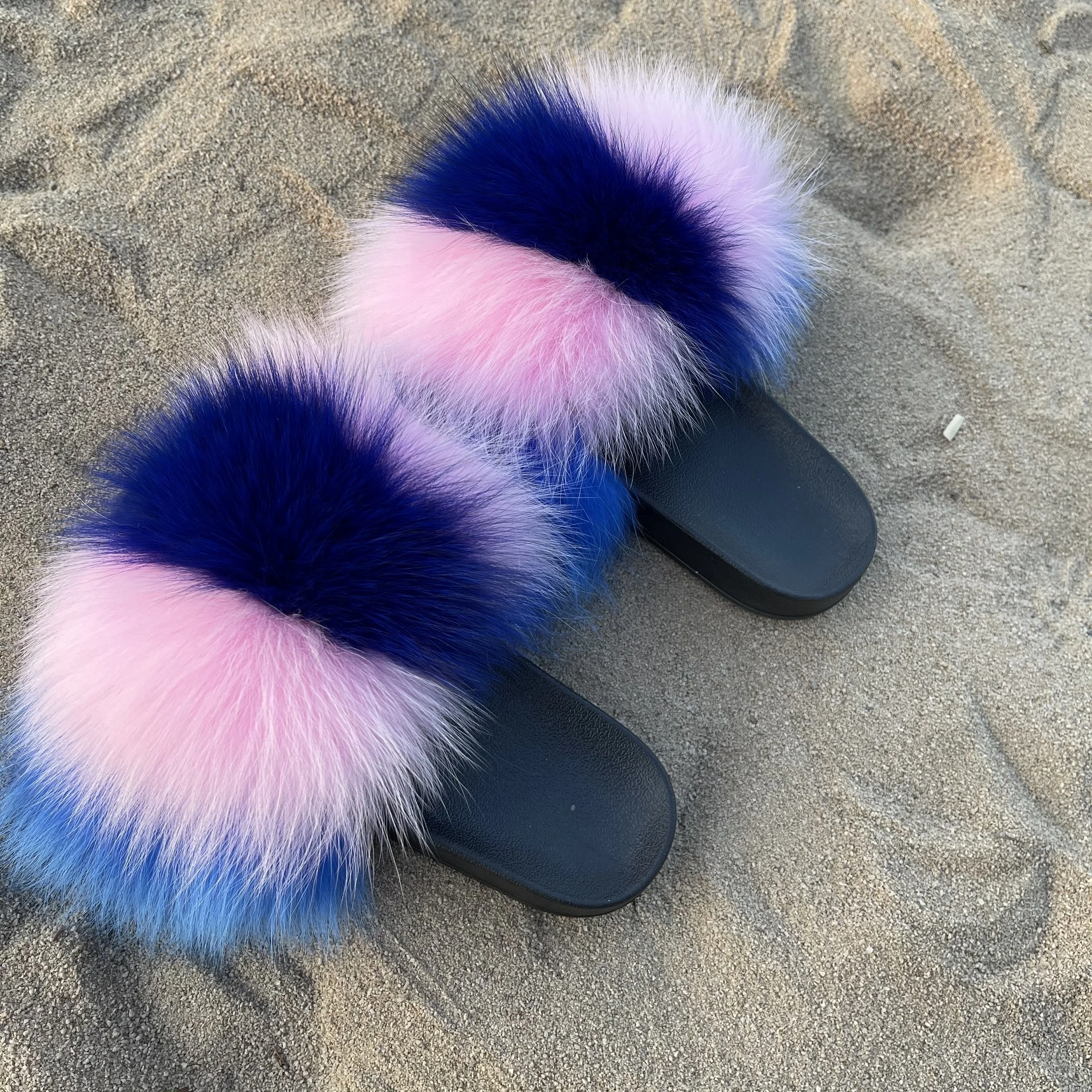 
USA style Wholesale Luxury Raccoon Fur Sandals Ladies fox fur Slipper Indoor Fluffy Slippers Big Fur Slides 