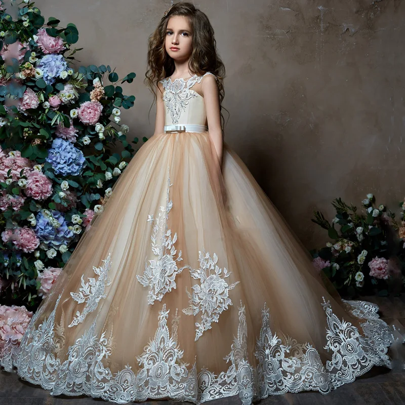 Wholesale Sleeveless Champagne Mesh Embroidery Ball Gown Party Baby Girl Princess Dresses