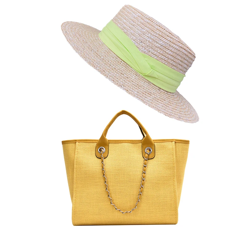 Best Selling Large Capacity Solid Color Beach Bag And Summer Hat Set Canvas Beach Fashion Tote Handbag Hat And Purse Set