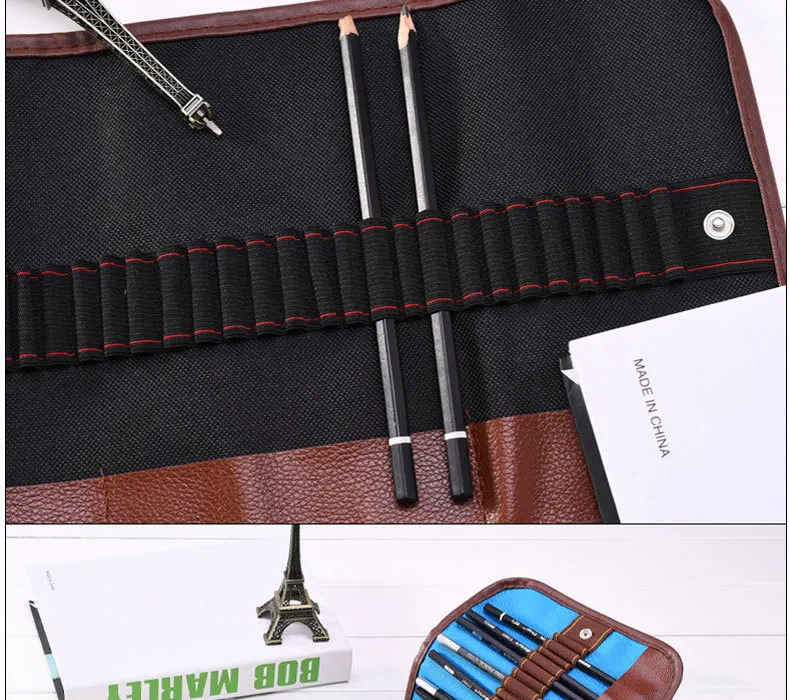 Elegant Leather Canvas Roll Painting Material Storage Bags with A Leather Tie Multi Holes Paintbrush Sketch Writing Case