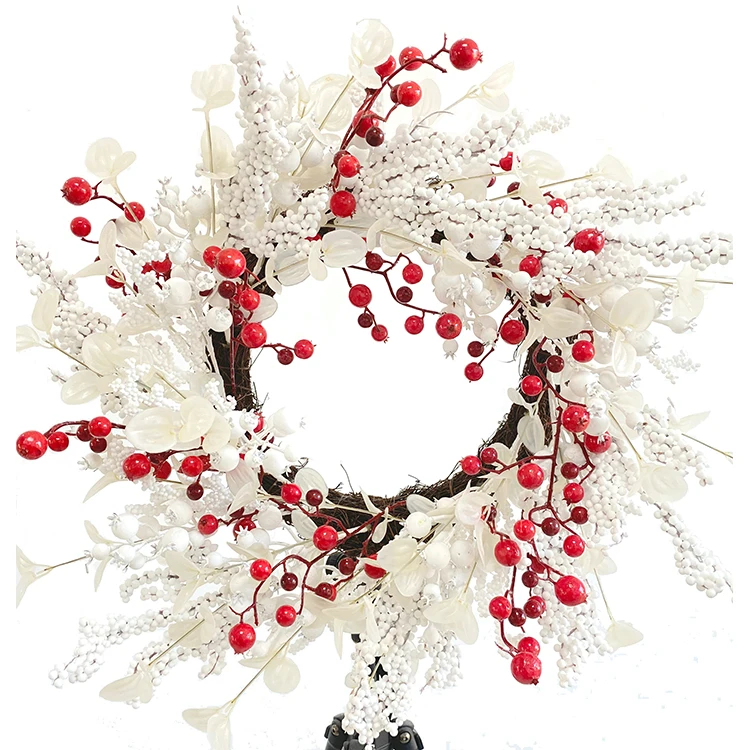 Украшение для дома, искусственные красные ягоды, современный белый Рождественский венок ручной работы на входной двери с белыми ягодами