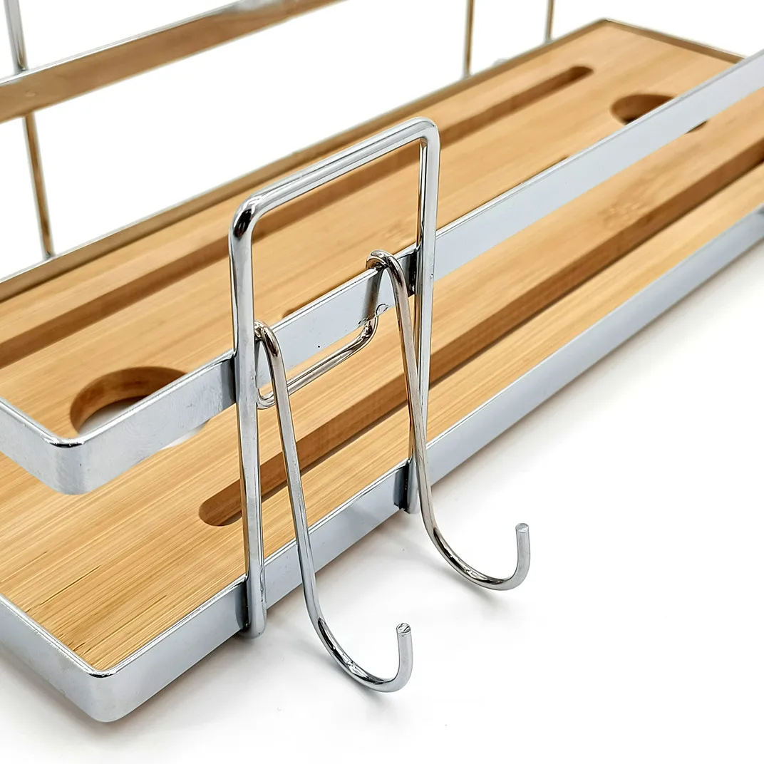 Low MOQ Manufacturer Wooden Shelf Shampoo Storage Metal Rack Storage Shelf For Bathroom Basket Holder Rack