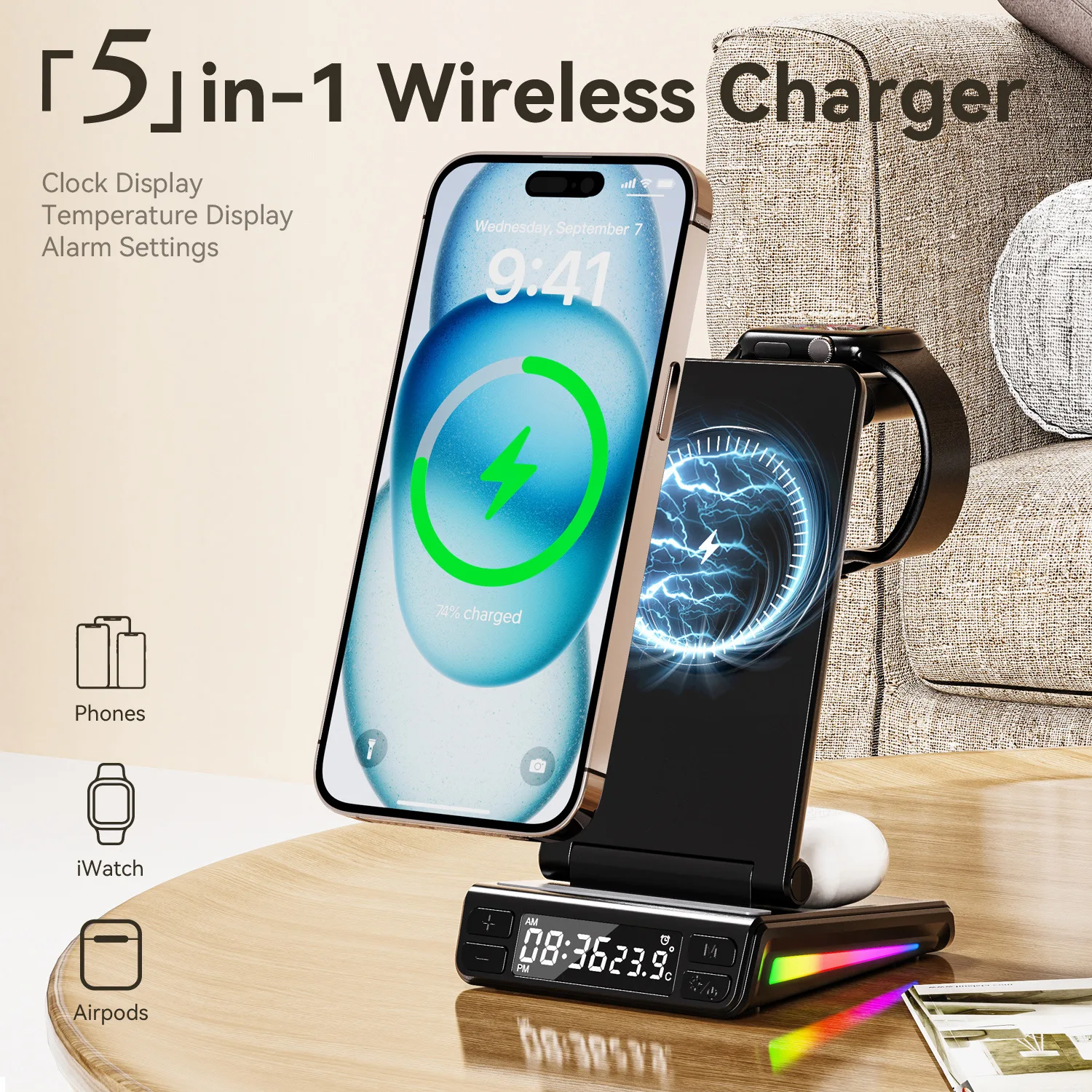 Multifunctional 5-in-1 Wireless Charger for Phone, Earphone and Watch