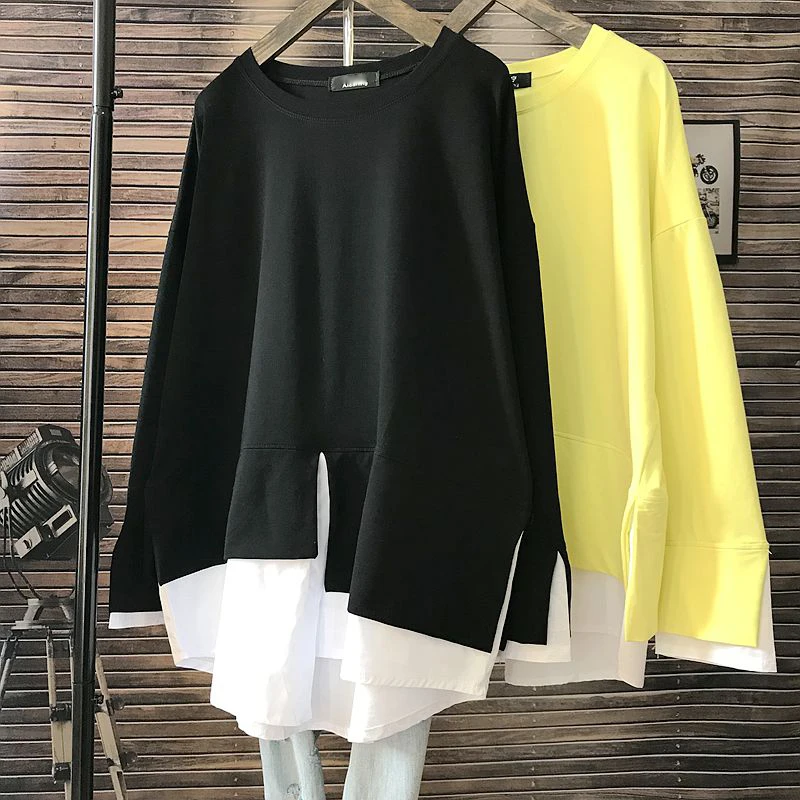 Футболка из хлопка с длинными рукавами для беременных, средняя длина, Корейская версия, свободный размер, для женщин, 100% хлопок, круглый вырез, однотонный топ