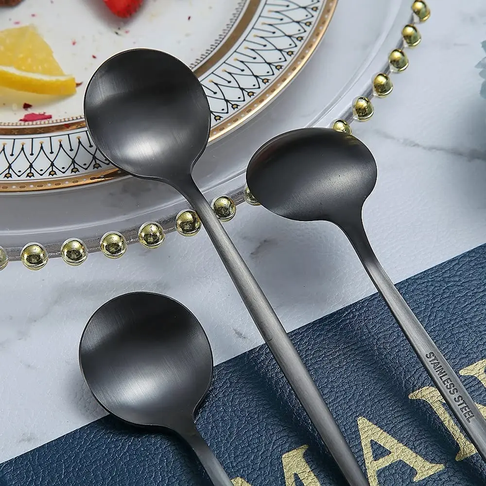 Hot Trending Products Modern Brushed Matte Black Table Soup Scoop Spoon Set Stainless Steel