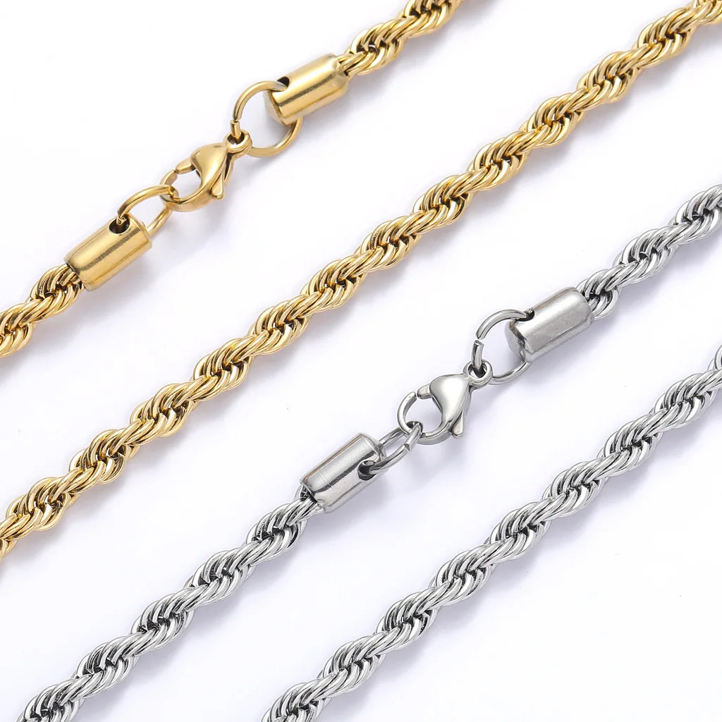 Wholesale Custom 2mm 3mm Stainless Steel Plated 14k 18k Gold Vermeil Thin Rope Chain Necklace Twisted Rope Gold Chain