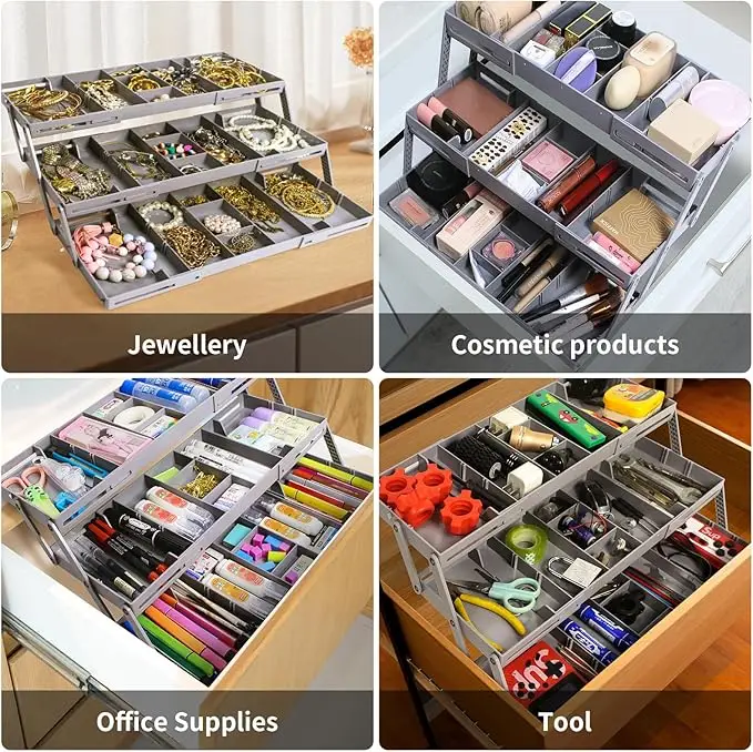 3 Tier Drawer Organizer Expandable Junk Drawer Organizer Multi Level Folding Smart Drawer Organizer for Makeup