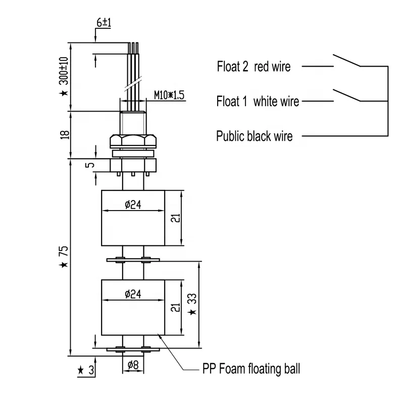 Vertical Mounted PP Magnetic Float Switch Water Tank Level Sensor