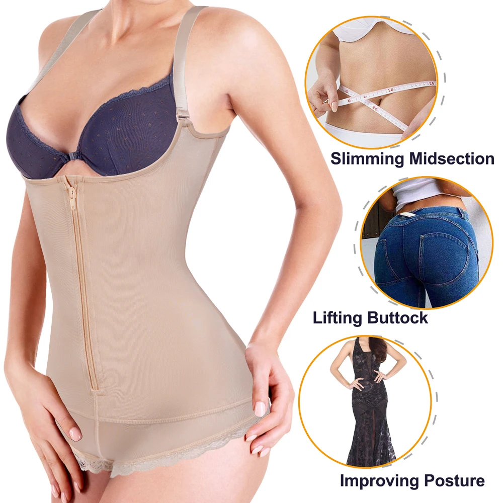 Women latex shapewear lace bodysuit tummy control waist trainer corset open crotch plus size zipper body suit shaper
